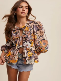 Babydoll Floral Print Blouse - Charcoal