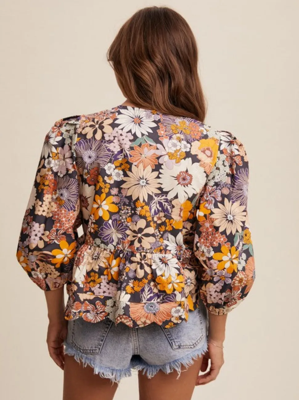 Babydoll Floral Print Blouse - Charcoal