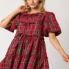Christmas Bubble Sleeve Mini Dress - Red Plaid