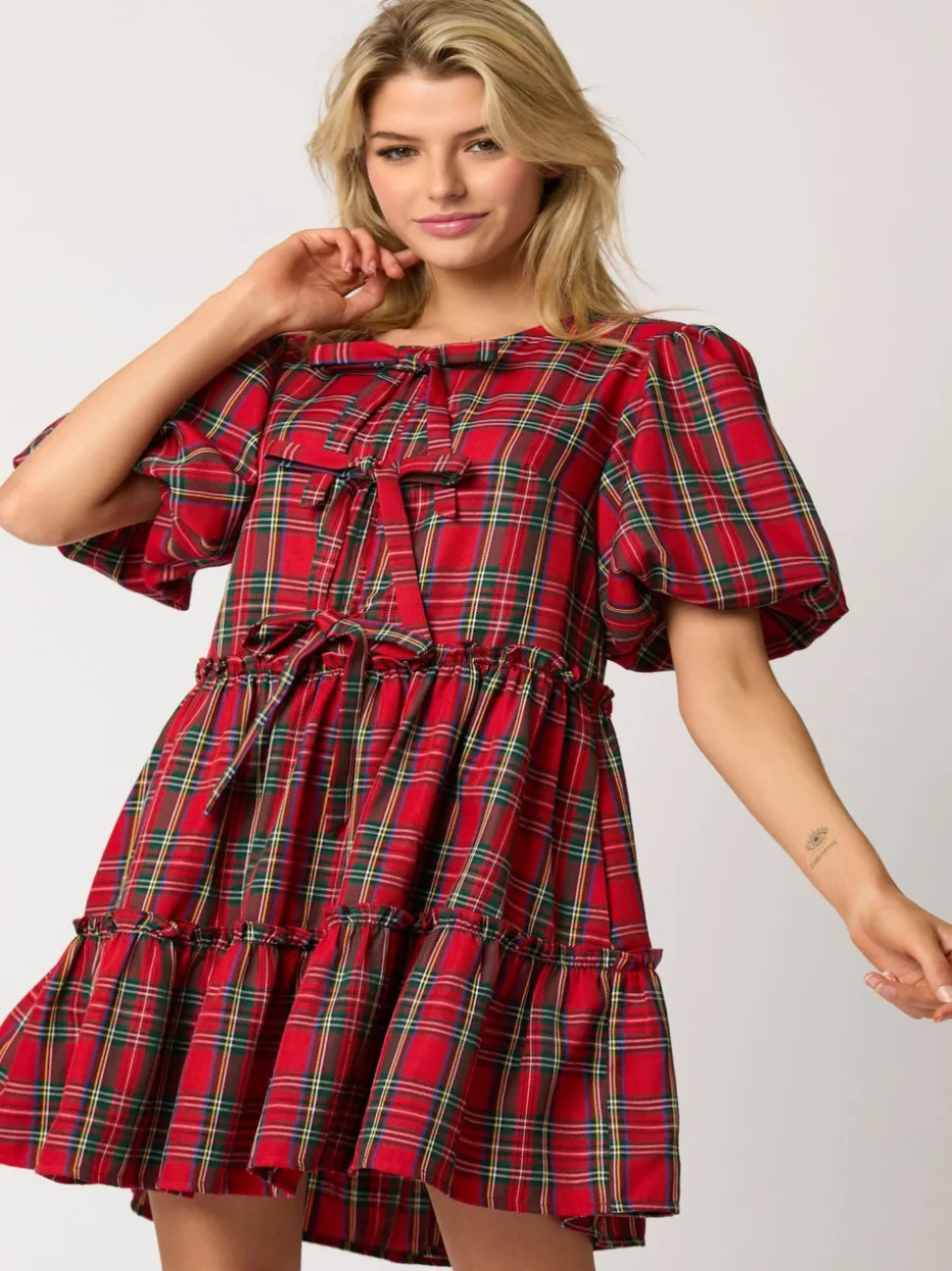 Christmas Bubble Sleeve Mini Dress - Red Plaid