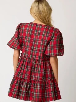Christmas Bubble Sleeve Mini Dress - Red Plaid
