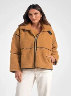 Elan Fur Zip Up Coat - Curry