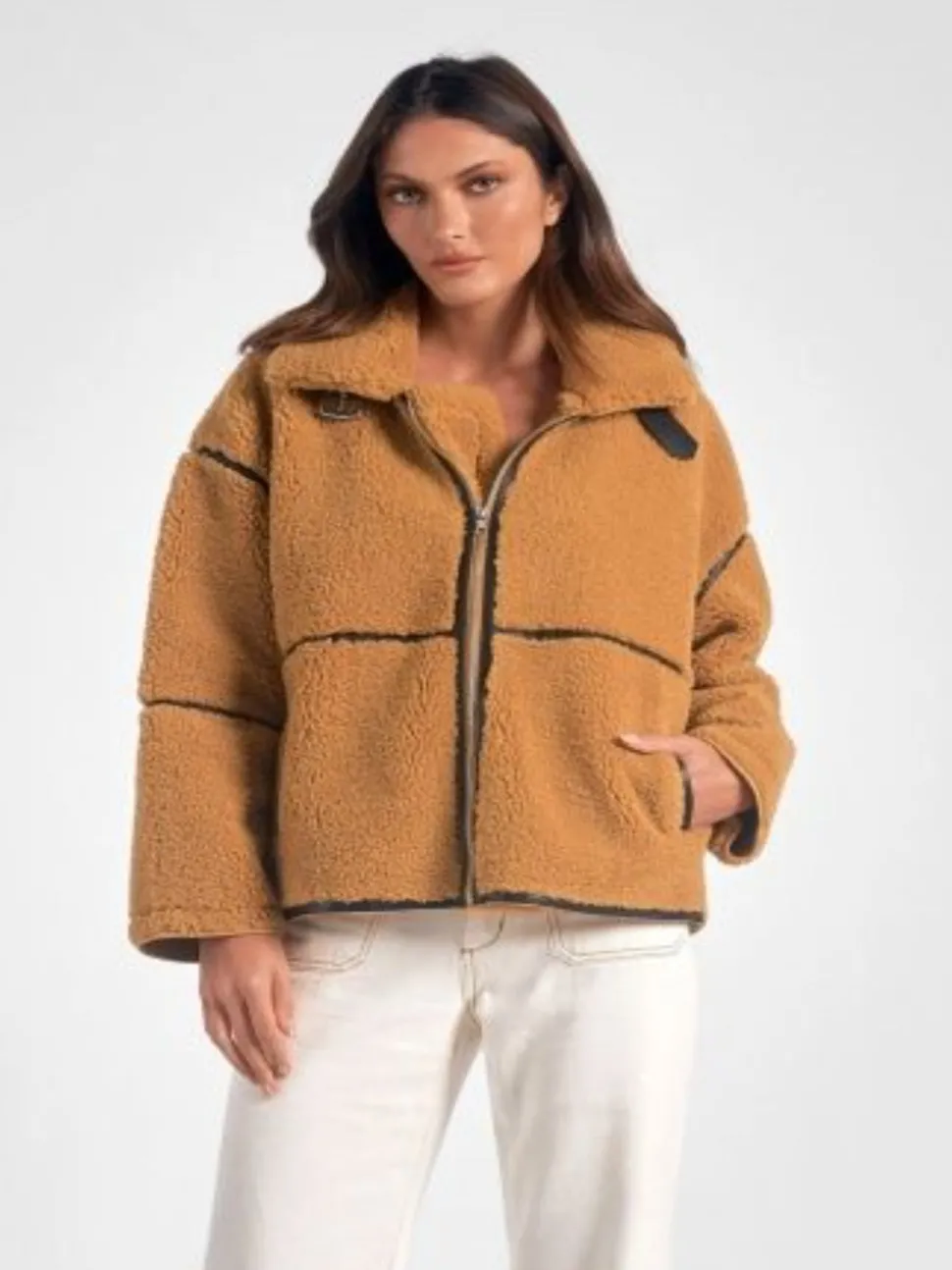 Elan Fur Zip Up Coat - Curry