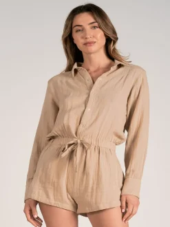 Elan Long Sleeve Button Up Romper - Peanut