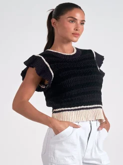 Elan Sweater Cap Sleeve Crewneck - Black/Beige