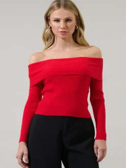 Holiday Charm Off The Shoulder Sweater - Red