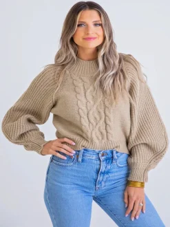Karlie Cable Knit Mock Sweater - Oatmeal