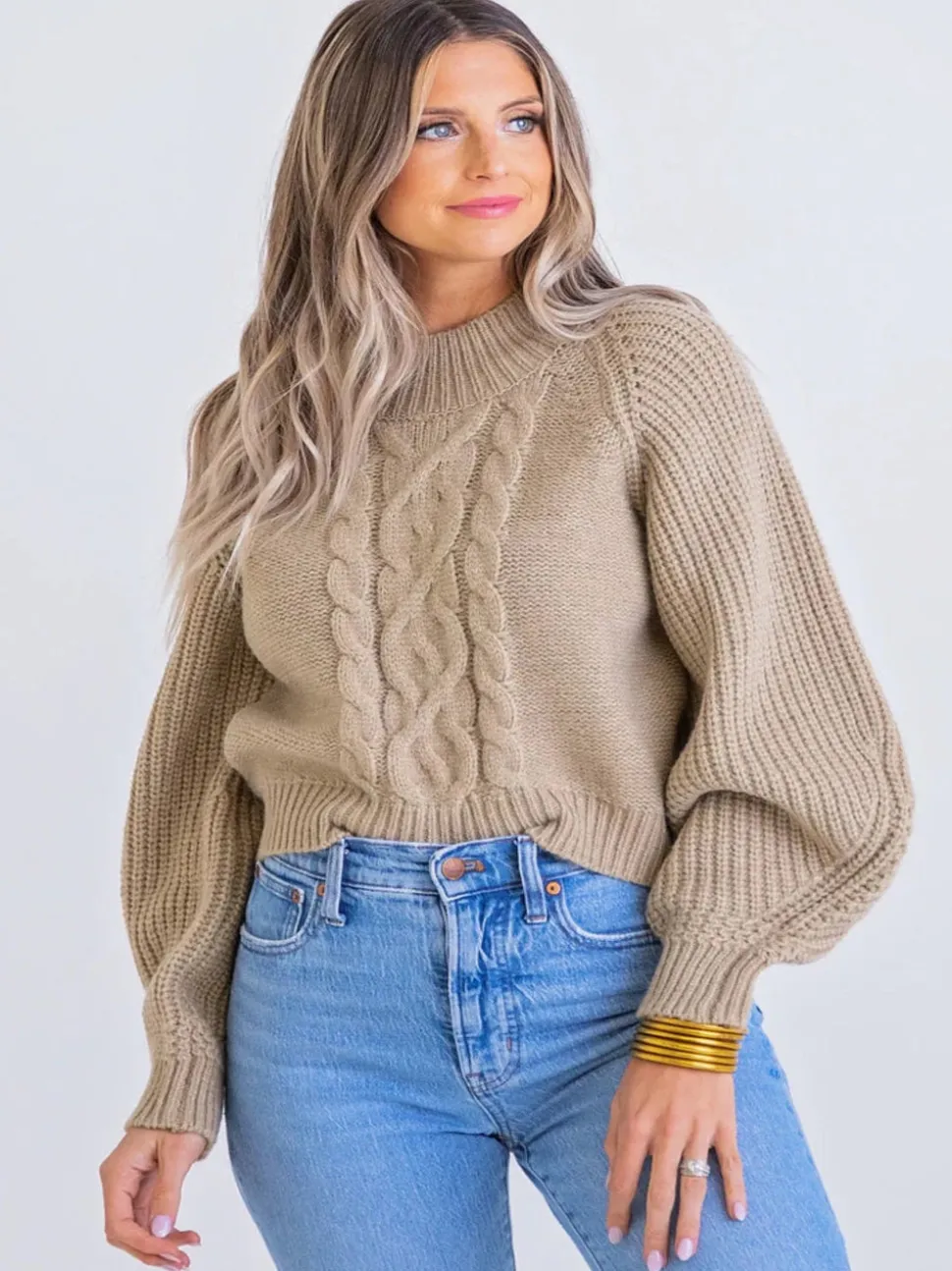 Karlie Cable Knit Mock Sweater - Oatmeal