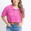 Karlie Solid Novelty Button Sweater - Pink