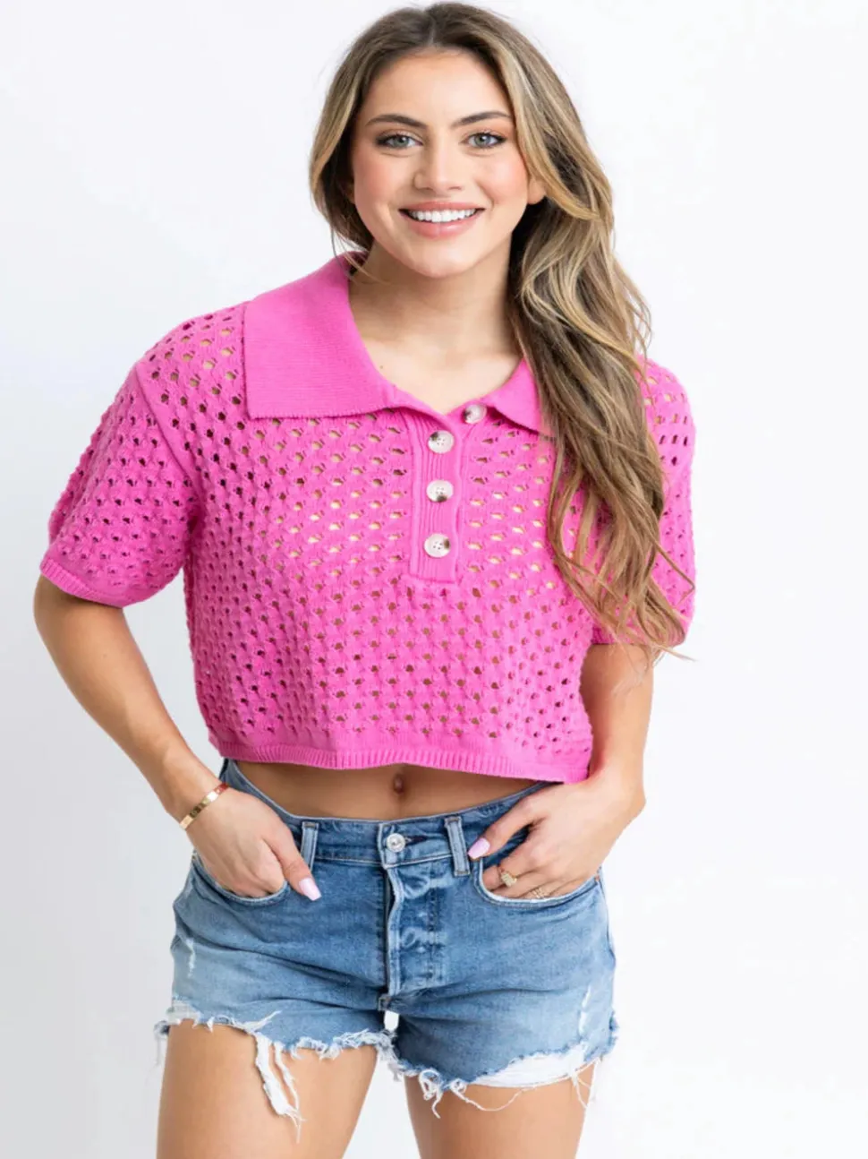 Karlie Solid Novelty Button Sweater - Pink