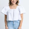Karlie Solid Poplin Square Neck Top - White
