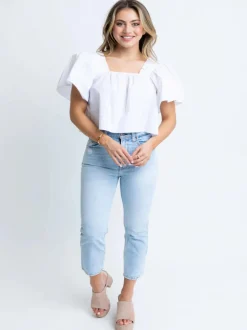 Karlie Solid Poplin Square Neck Top - White