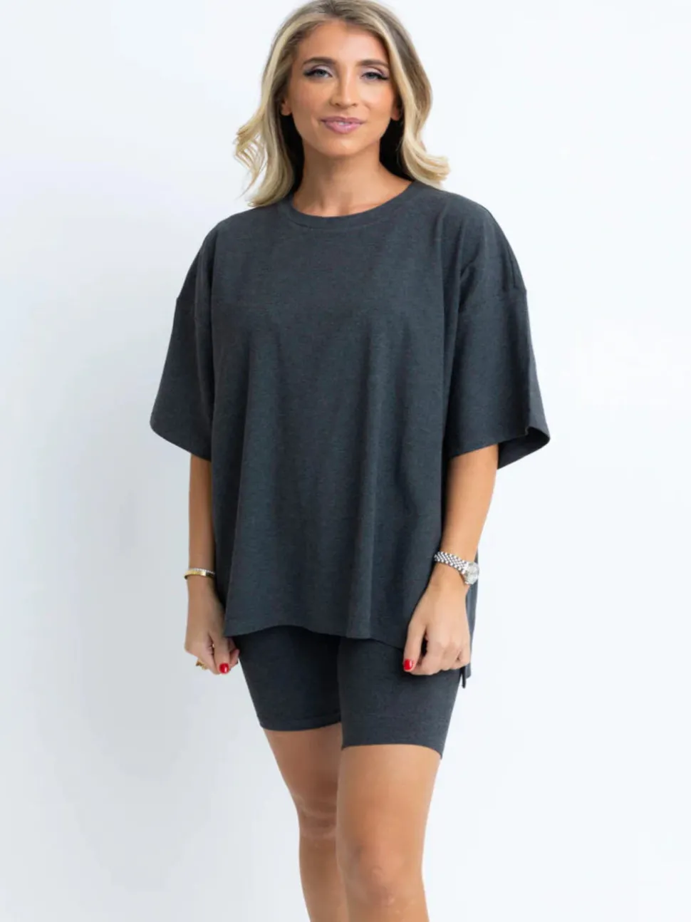 Karlie Solid Ribbed Knit Biker Shorts - Dark Grey