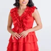 Karlie Solid Satin Ruffle Smock V - Neck Dress - Red