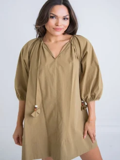 Karlie V-Neck Poplin Swing Dress - Avocado