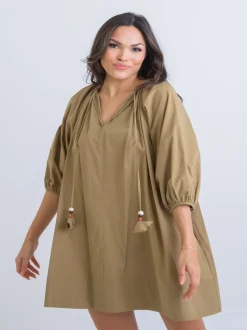 Karlie V-Neck Poplin Swing Dress - Avocado