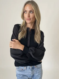 Six/Fifty Janie Ribbed Satin Top - Black