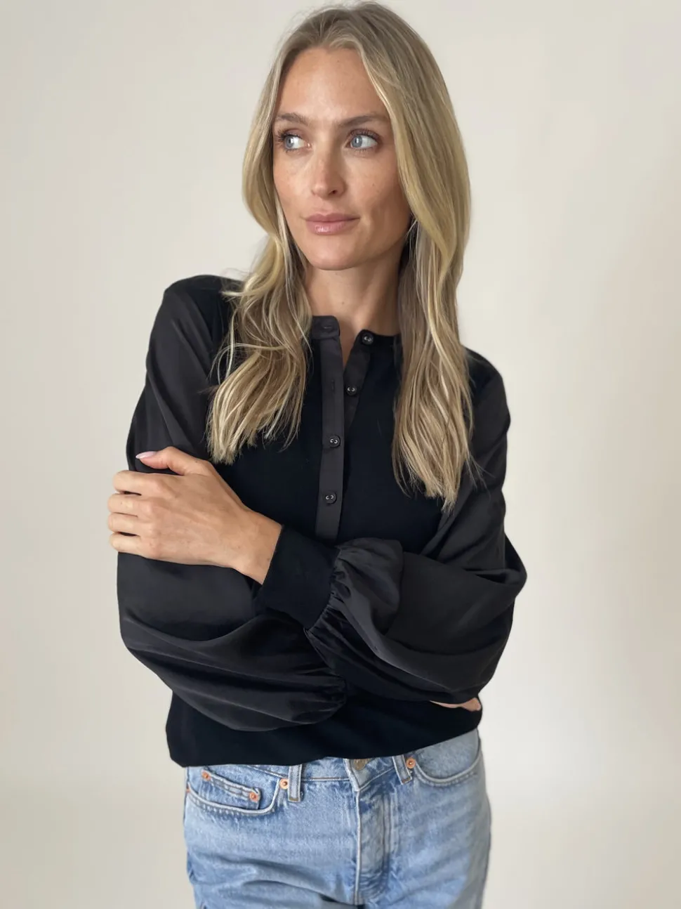 Six/Fifty Janie Ribbed Satin Top - Black