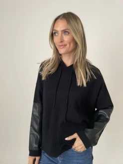 Six/Fifty Rebecca Leather Sleeve Hoodie - Black