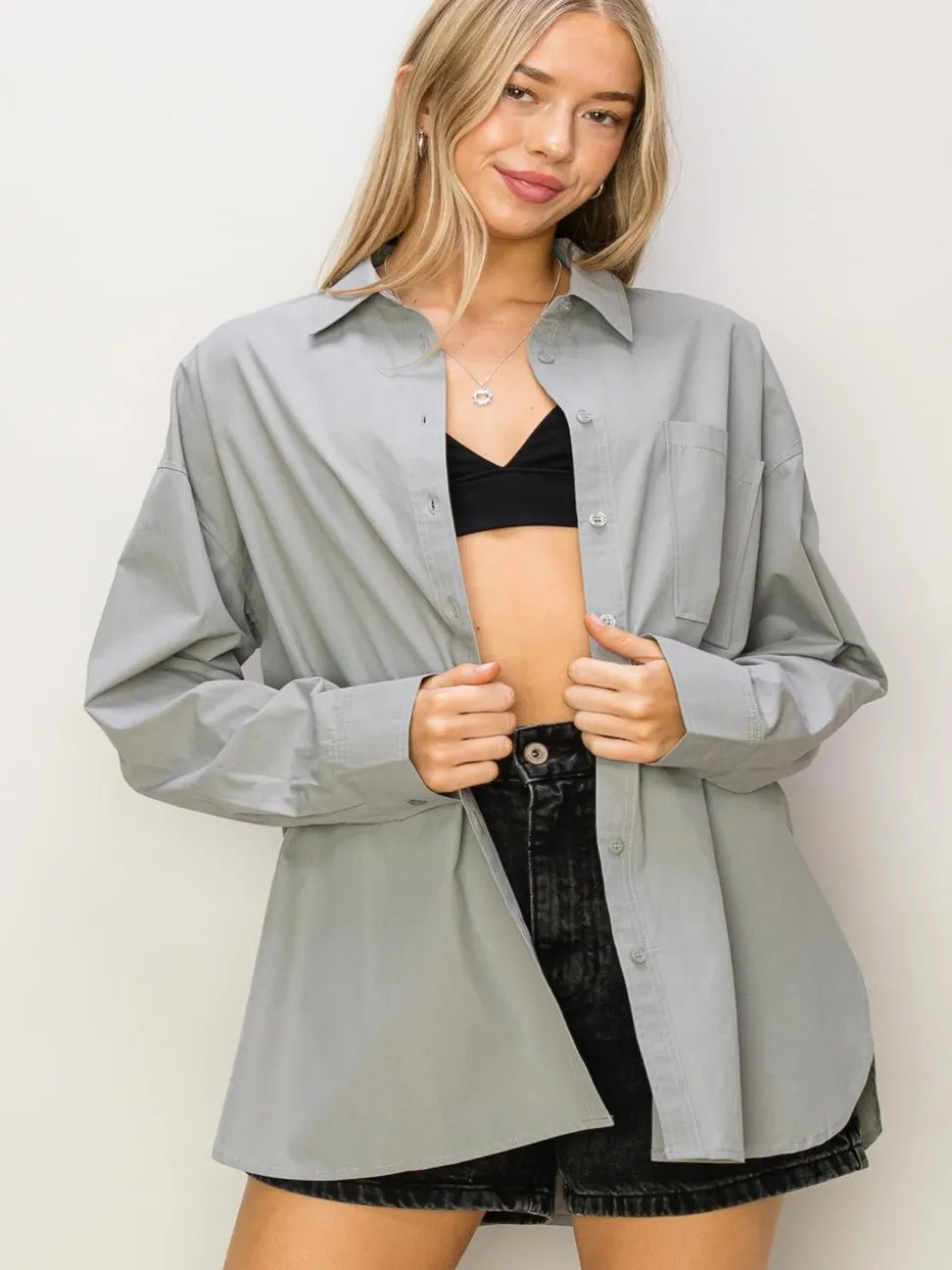 The Basic Girly Button Up - Grey